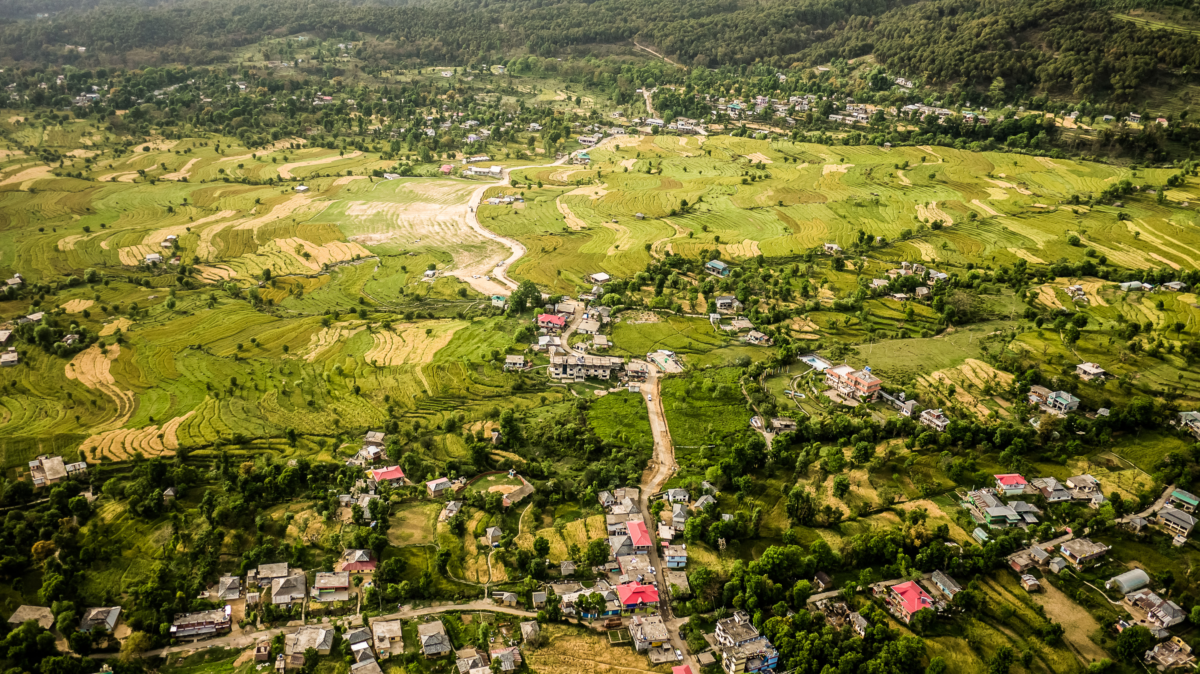 An_aerial_view_of_Bir,_Kangra_valley_sights_nature_culture_Himachal_Pradesh_India_2015